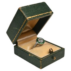 Diamond and Emerald Halo Engagement Ring. 0.60ct Old Euro Cut Platinum I VS2