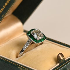 Diamond and Emerald Halo Engagement Ring. 1.30ct Cushion Cut Platinum Ring K VS2