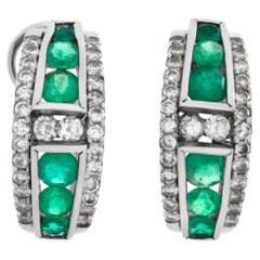 Diamond and Emerald Huggie Earrings in 18k White Gold with Omega Clip Backs