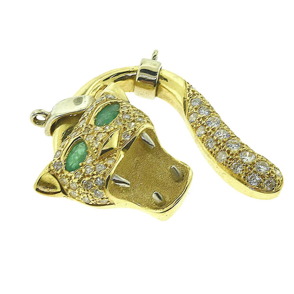 Round Cut Diamond and Emerald in 18k Yellow & White Gold Screaming Panther Face Pendant 