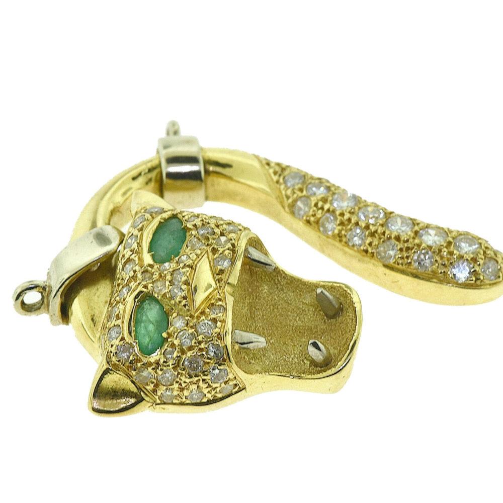 Diamond and Emerald in 18k Yellow & White Gold Screaming Panther Face Pendant  In Good Condition In Miami, FL