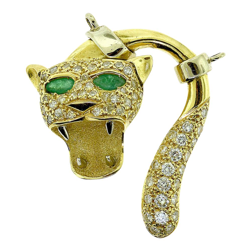 Diamond and Emerald in 18k Yellow & White Gold Screaming Panther Face Pendant 