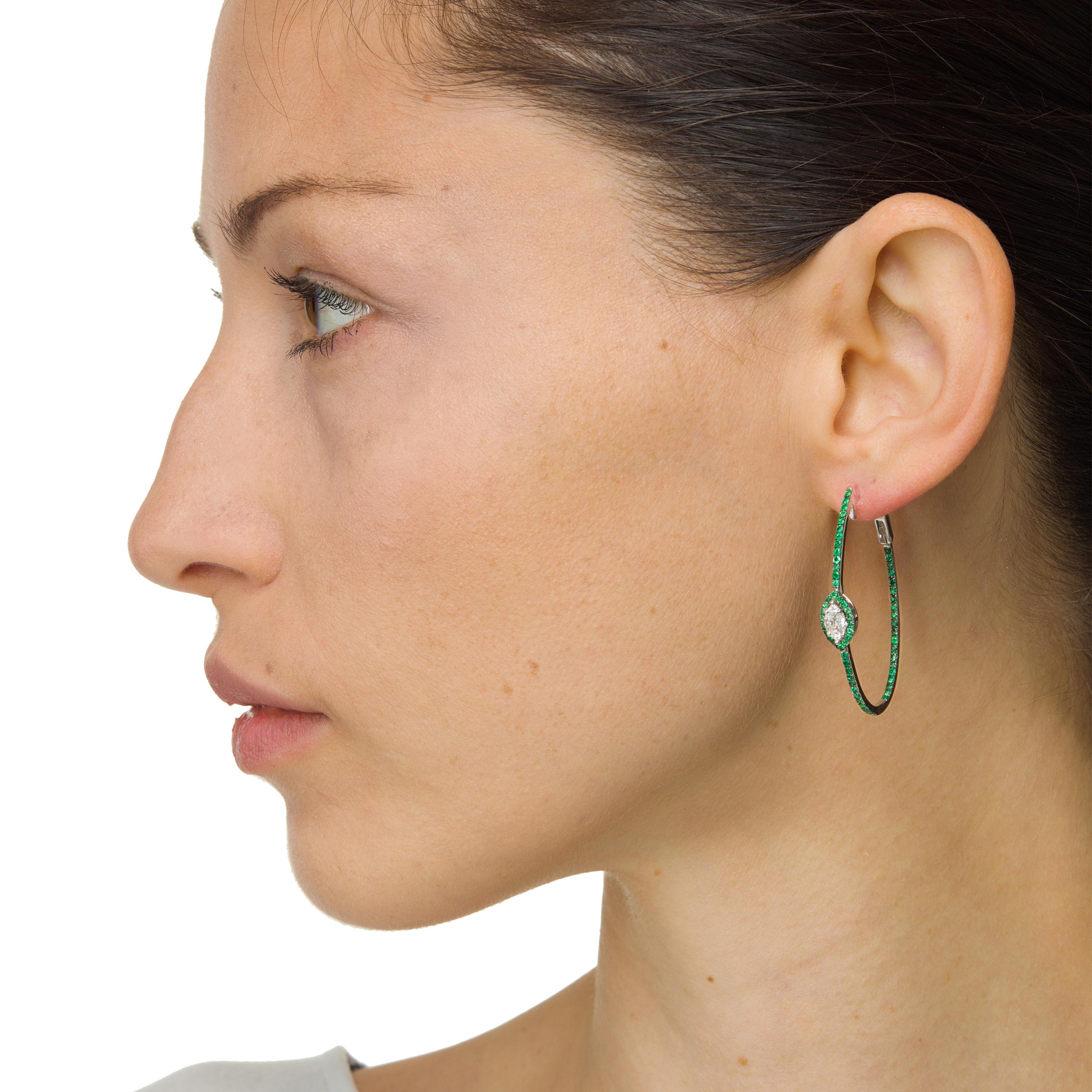 Modern Diamond and Emerald Inside-Out Hoop Earring in 18k White Gold
