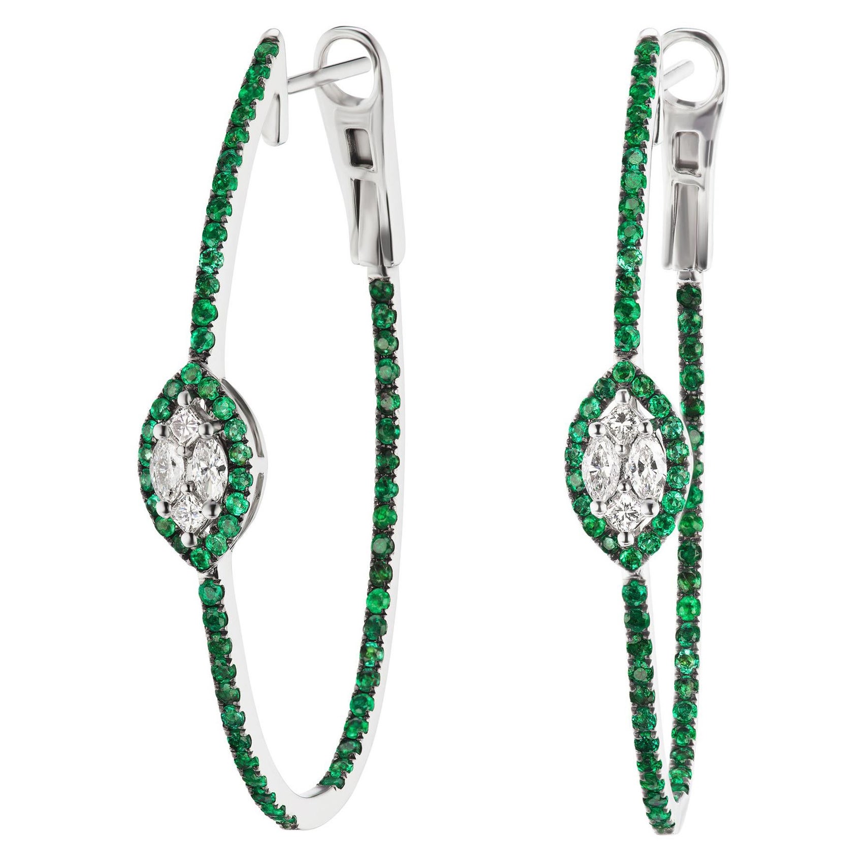 Diamond and Emerald Inside-Out Hoop Earring in 18k White Gold