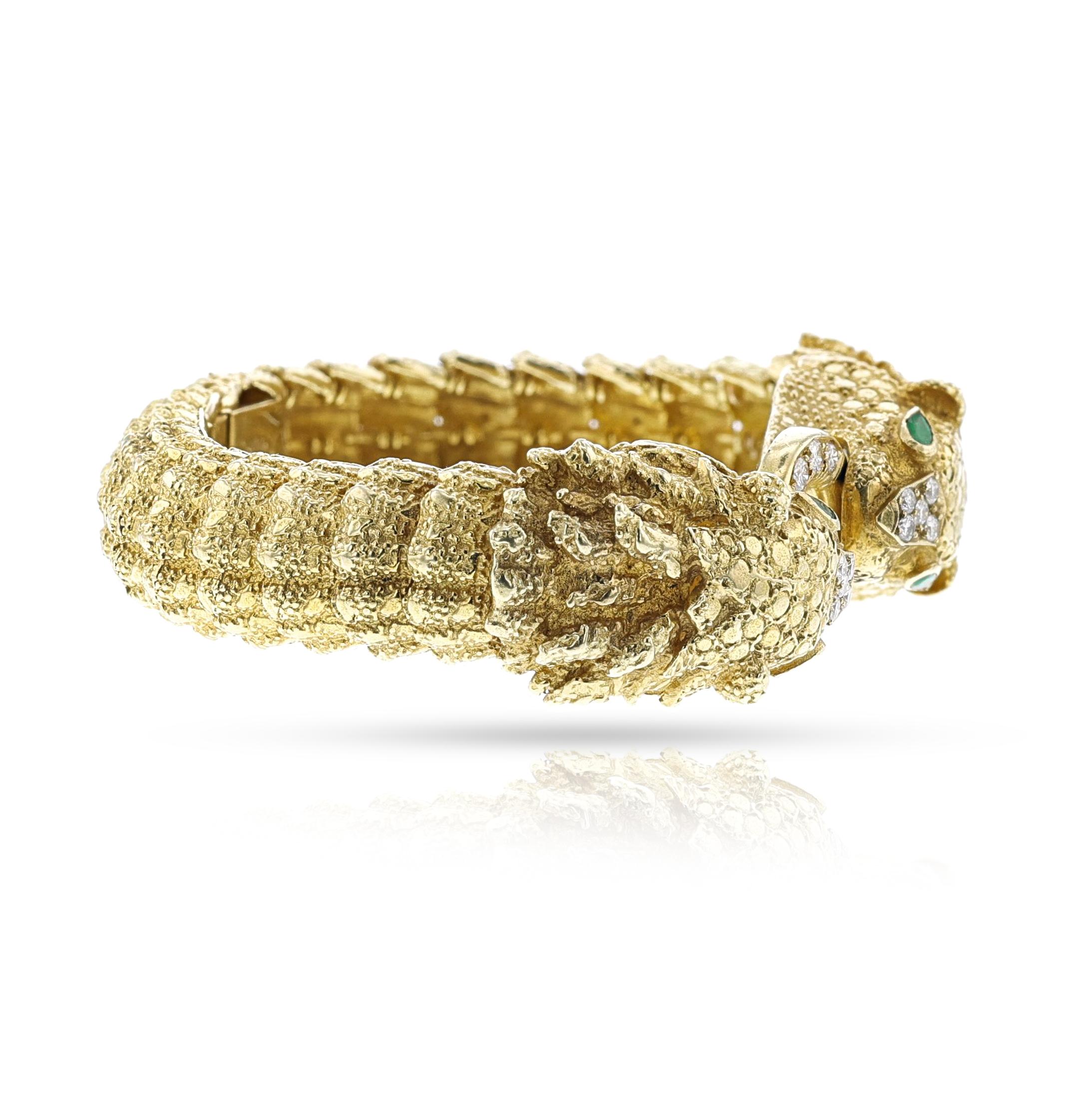 Women's or Men's Diamond and Emerald Lion Cuff Bangle, 18k