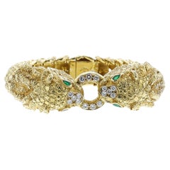 Diamond and Emerald Lion Cuff Bangle, 18k