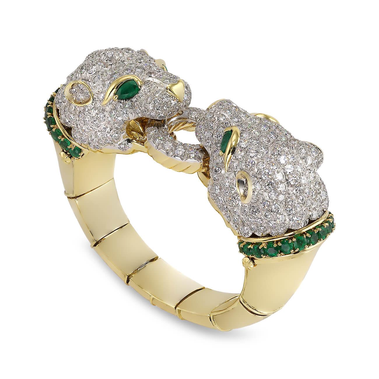 Women's Diamond and Emerald Lion's Head Bangle by David Webb