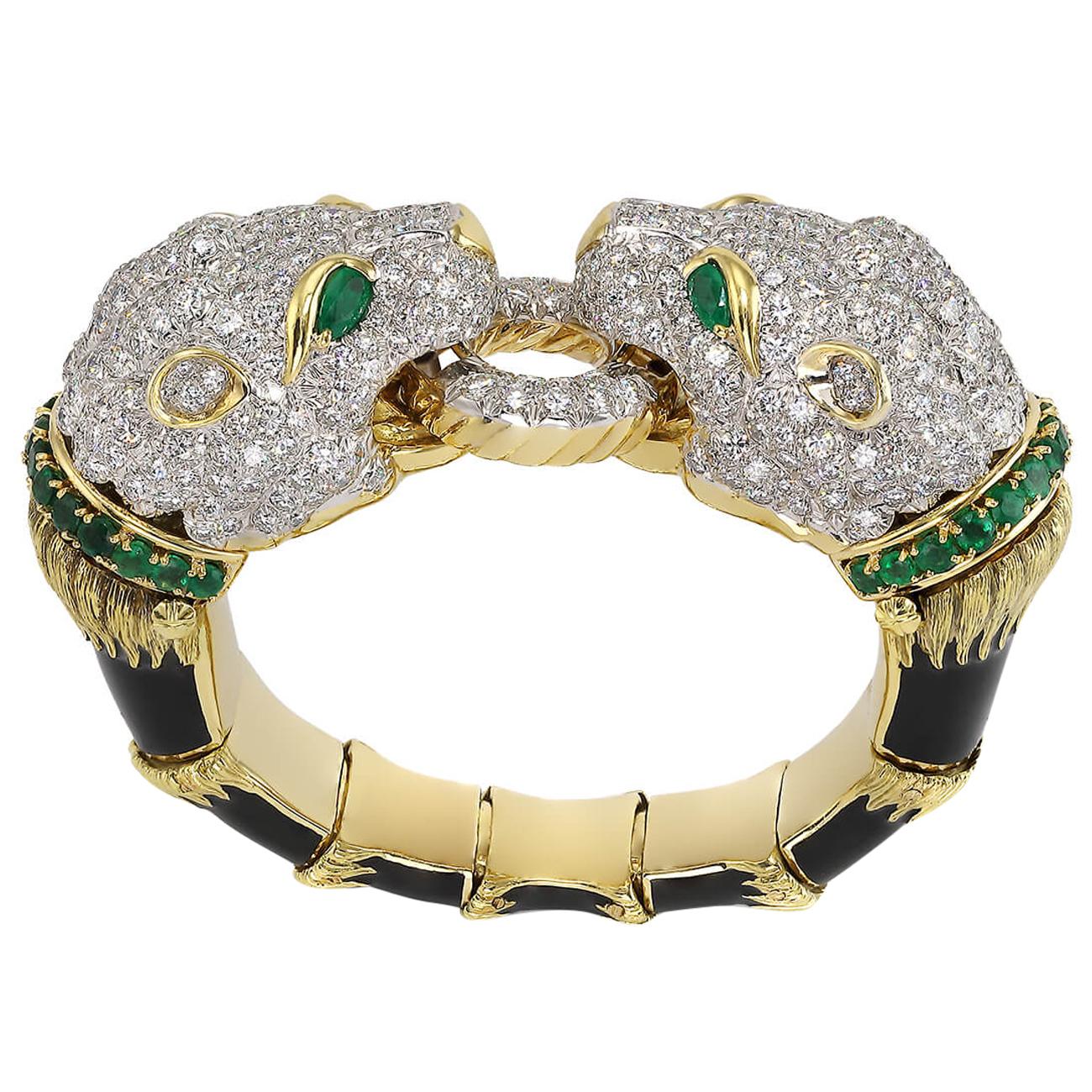 Diamond and Emerald Lion's Head Bangle by David Webb