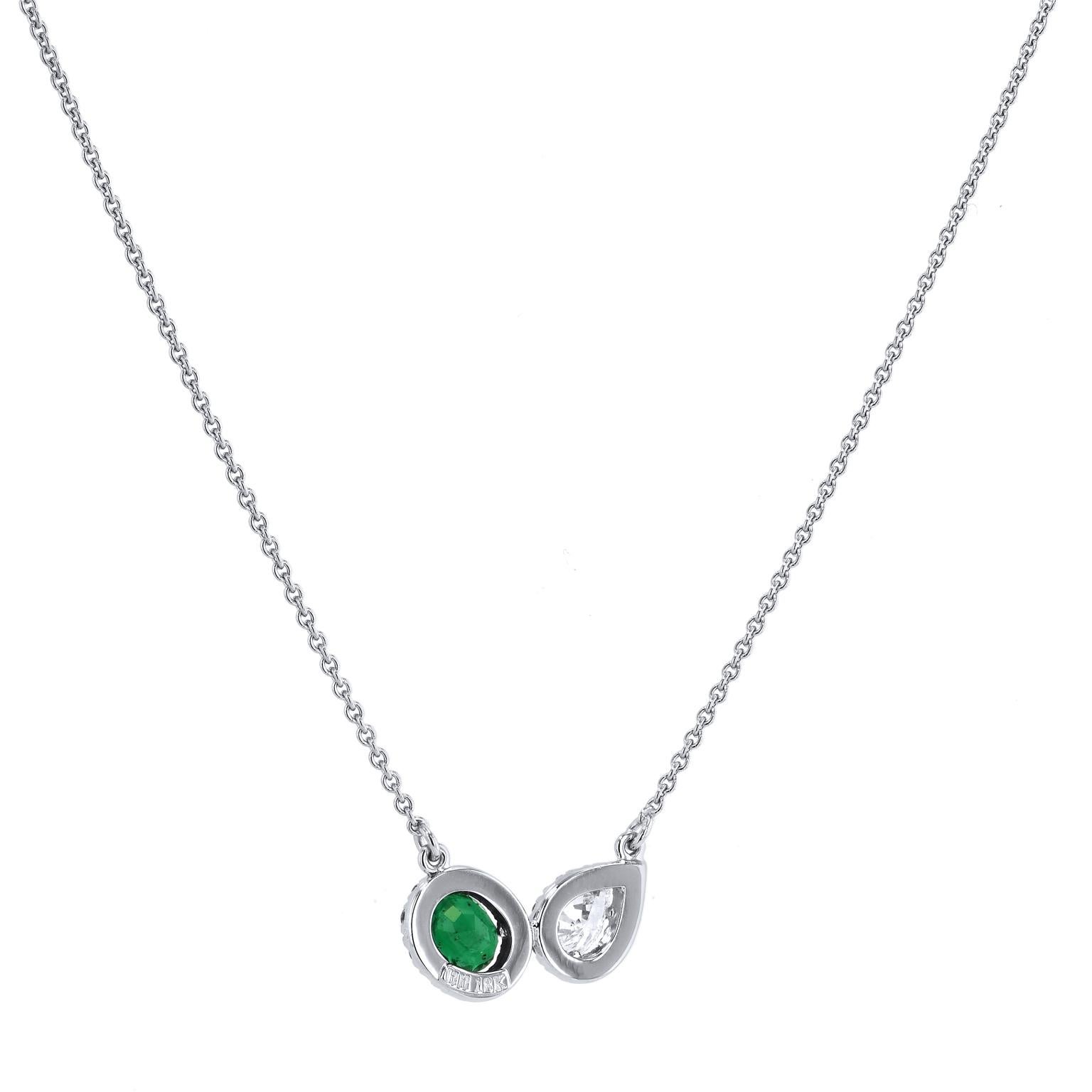 Oval Cut Diamond and Emerald A-Symmetrical Pendant Necklace Set in 18 Karat White Gold 