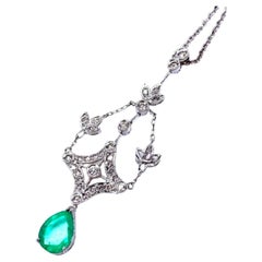 Diamond and Emerald Necklace in 14K White Gold