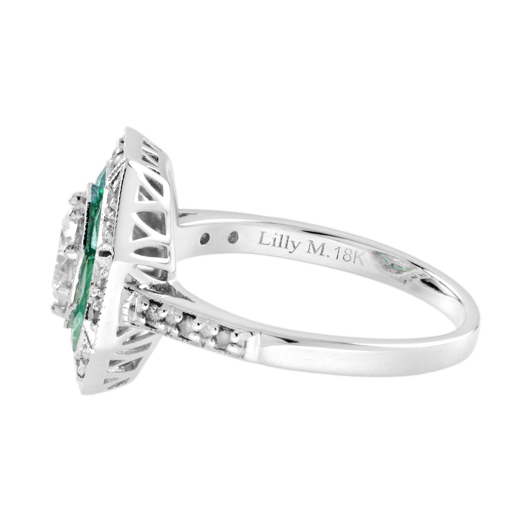 Bague en or blanc 18 carats diamant et émeraude de forme octogonale de style Art déco en vente 5
