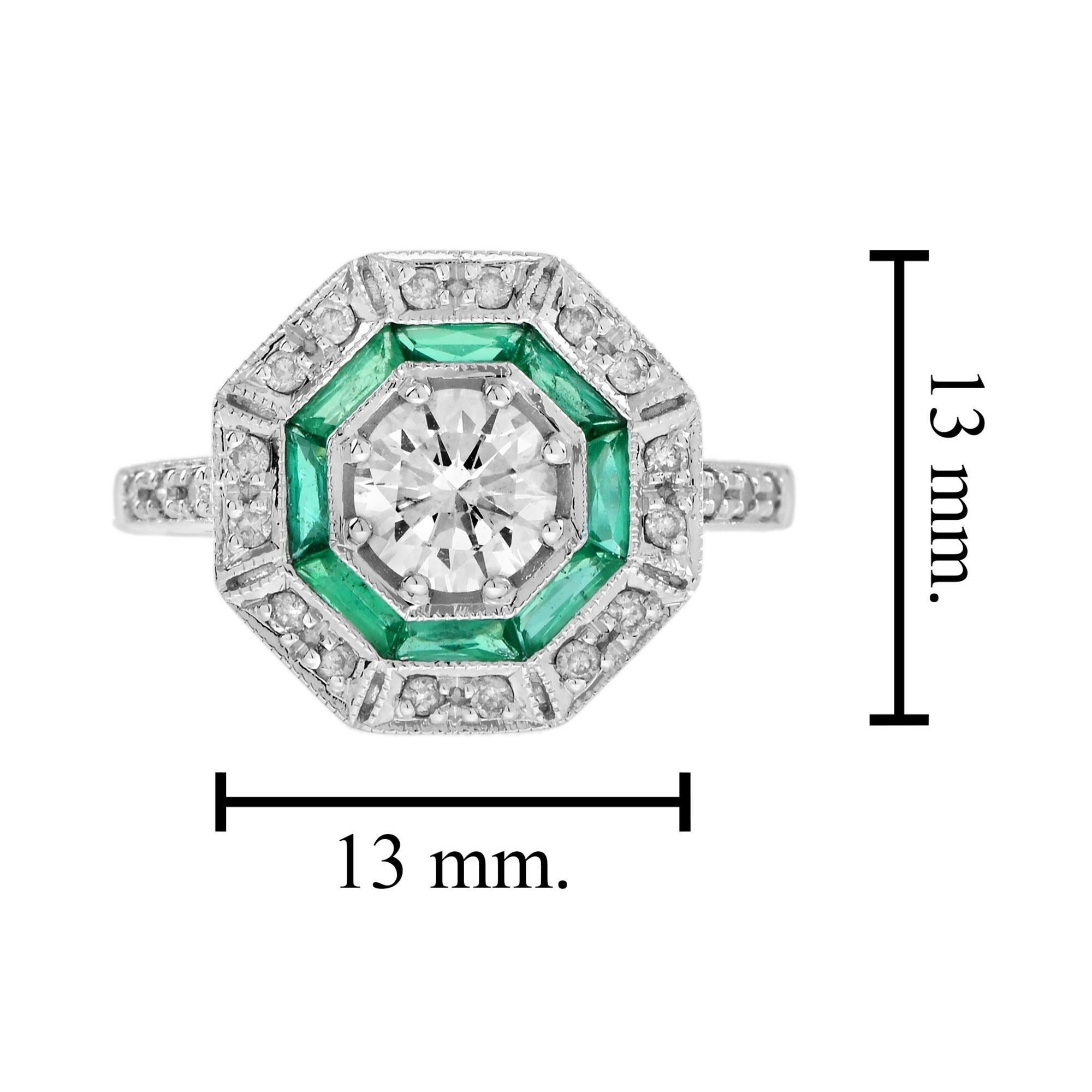 Bague en or blanc 18 carats diamant et émeraude de forme octogonale de style Art déco en vente 6