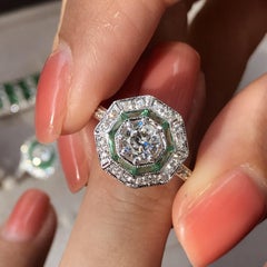 Diamond and Emerald Octagonal Shape Art Deco Style Ring in 18K White Gold