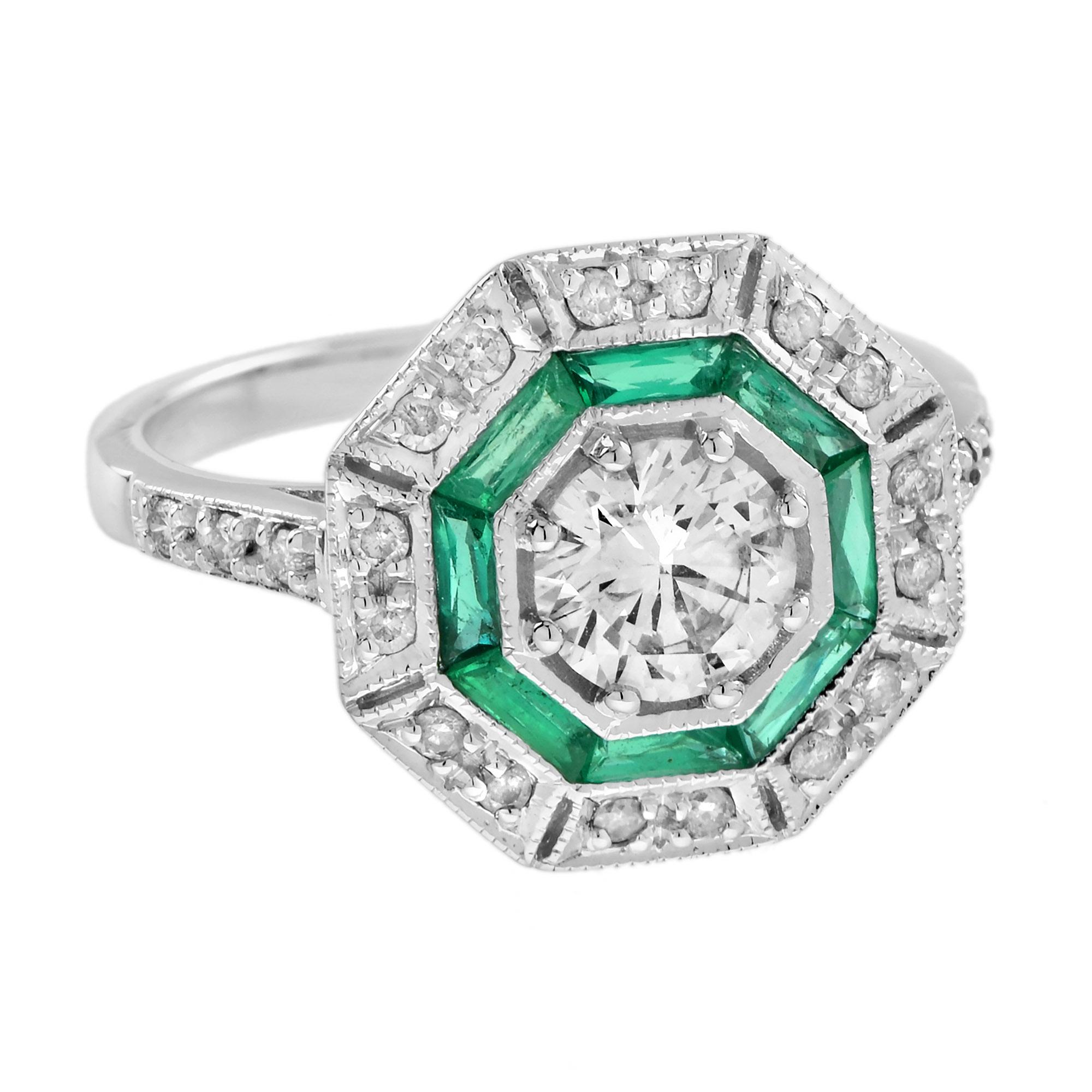 Bague en or blanc 18 carats diamant et émeraude de forme octogonale de style Art déco en vente 1
