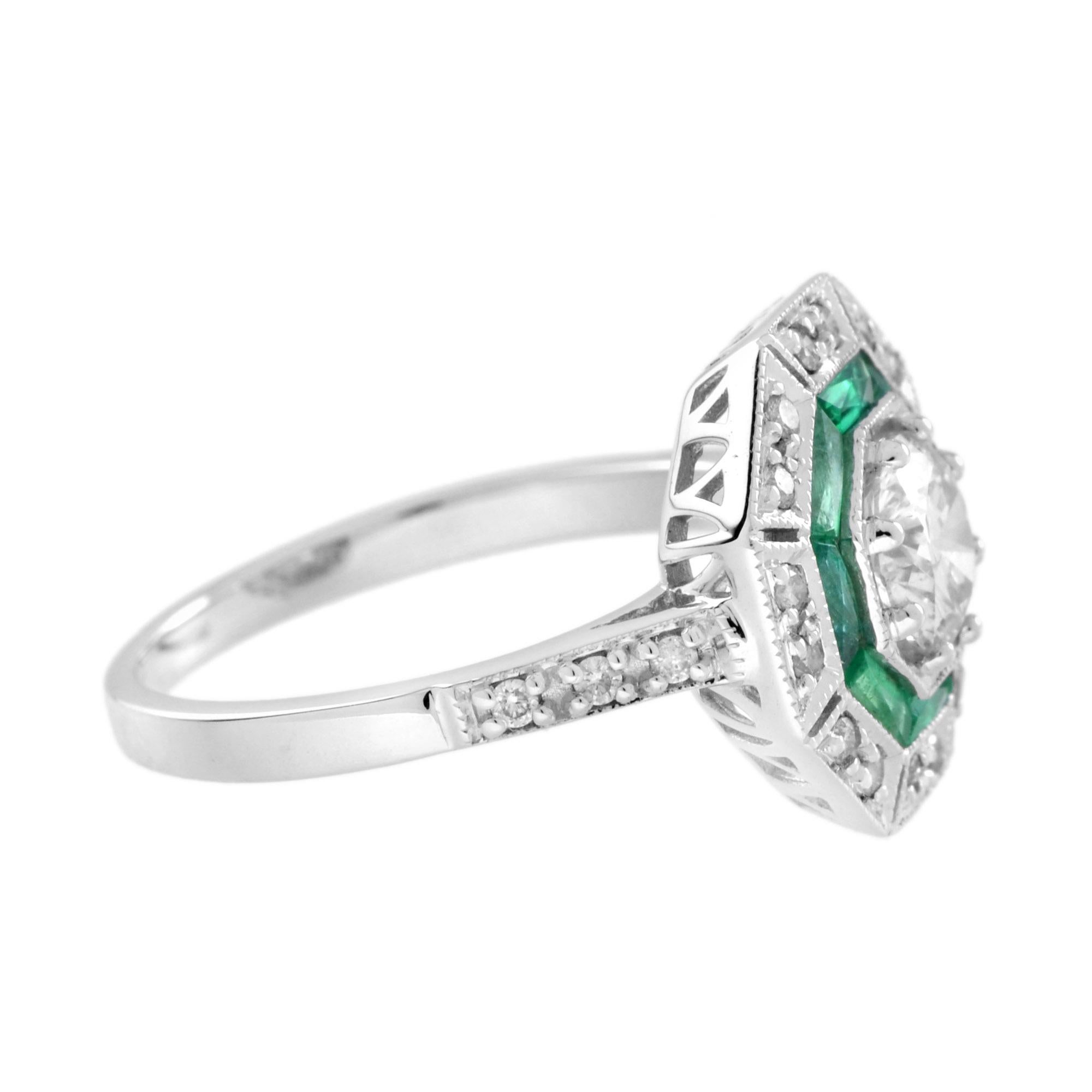 Bague en or blanc 18 carats diamant et émeraude de forme octogonale de style Art déco en vente 2