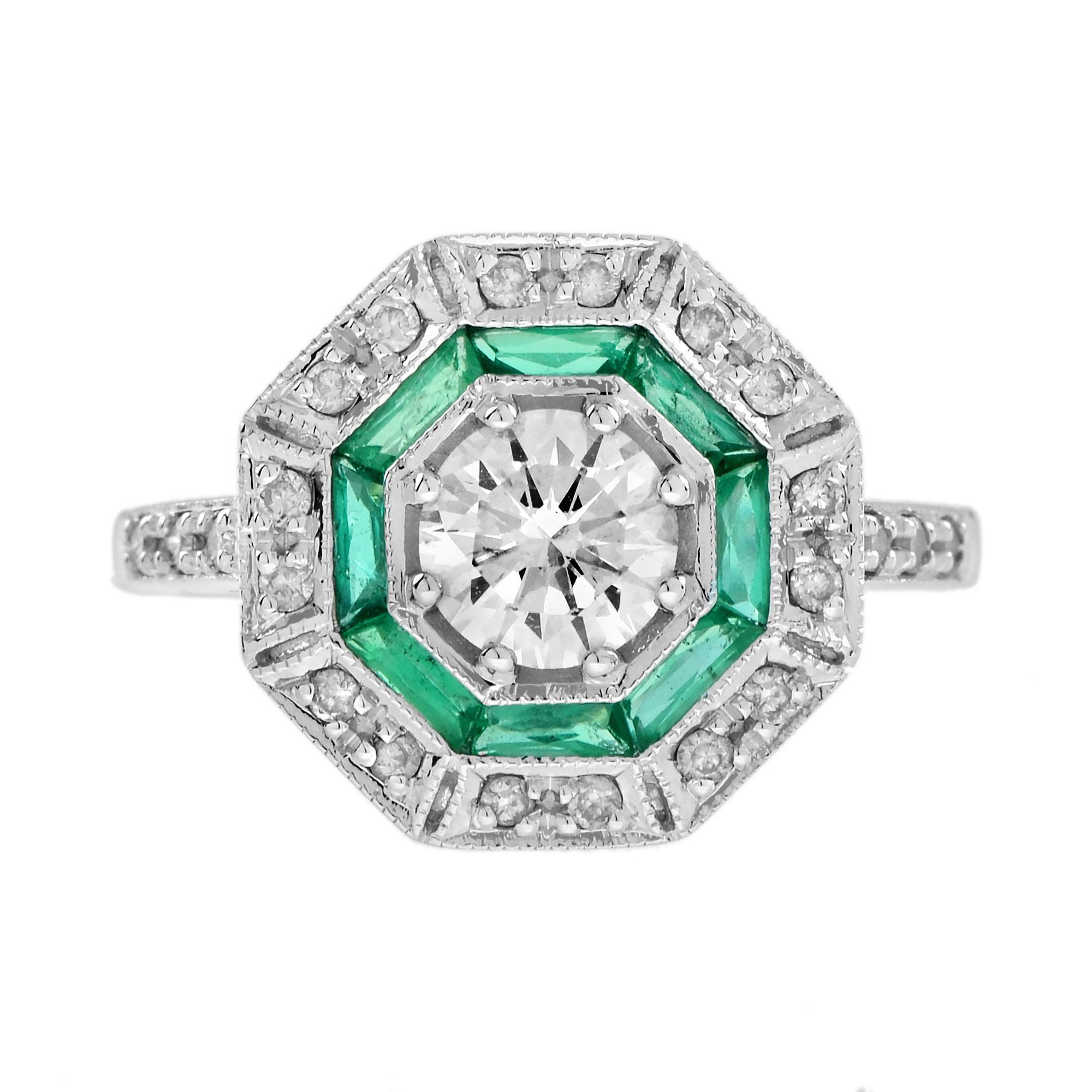 Diamond and Emerald Octagonal Shape Art Deco Style Ring in 18K White Gold
