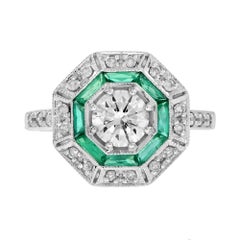Diamond and Emerald Octagonal Shape Art Deco Style Ring in 18K White Gold