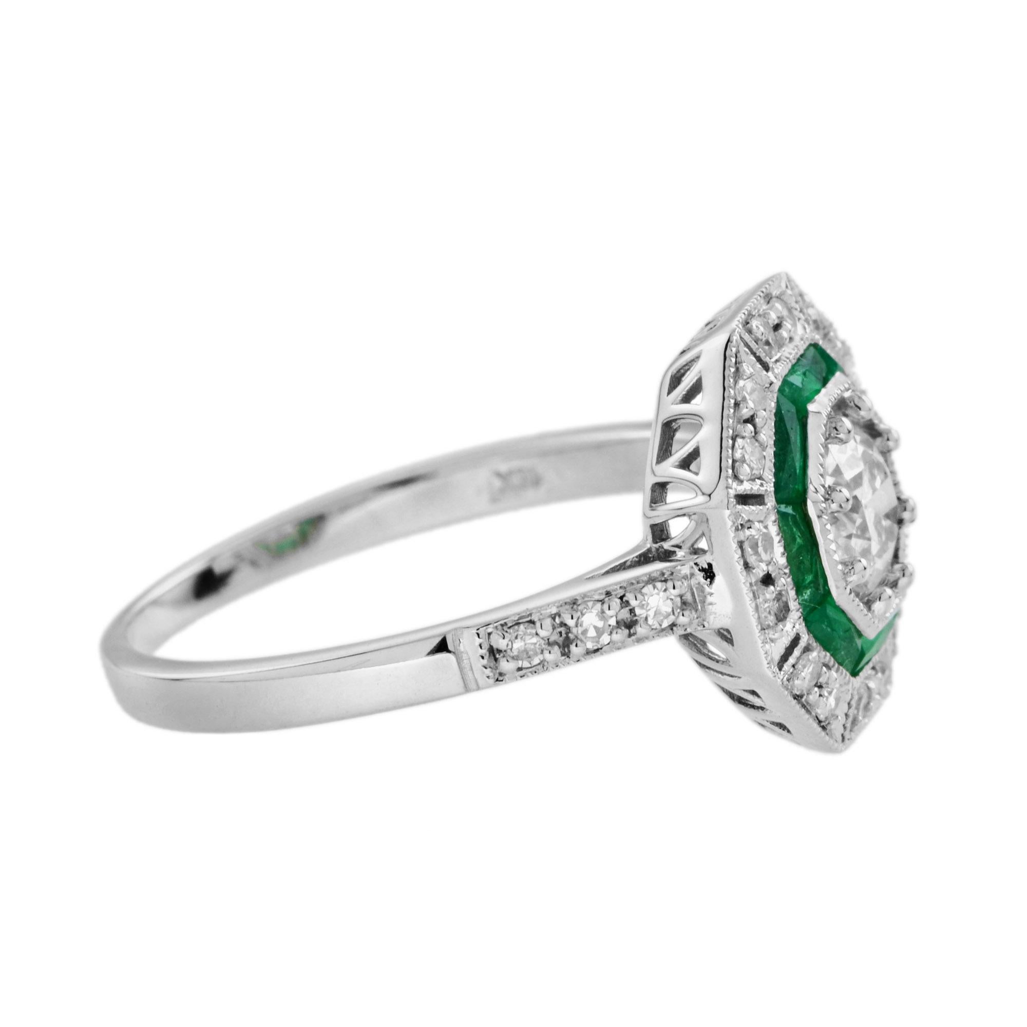 Art Deco Diamond and Emerald Octagonal Shape Ring in 18k White Gold