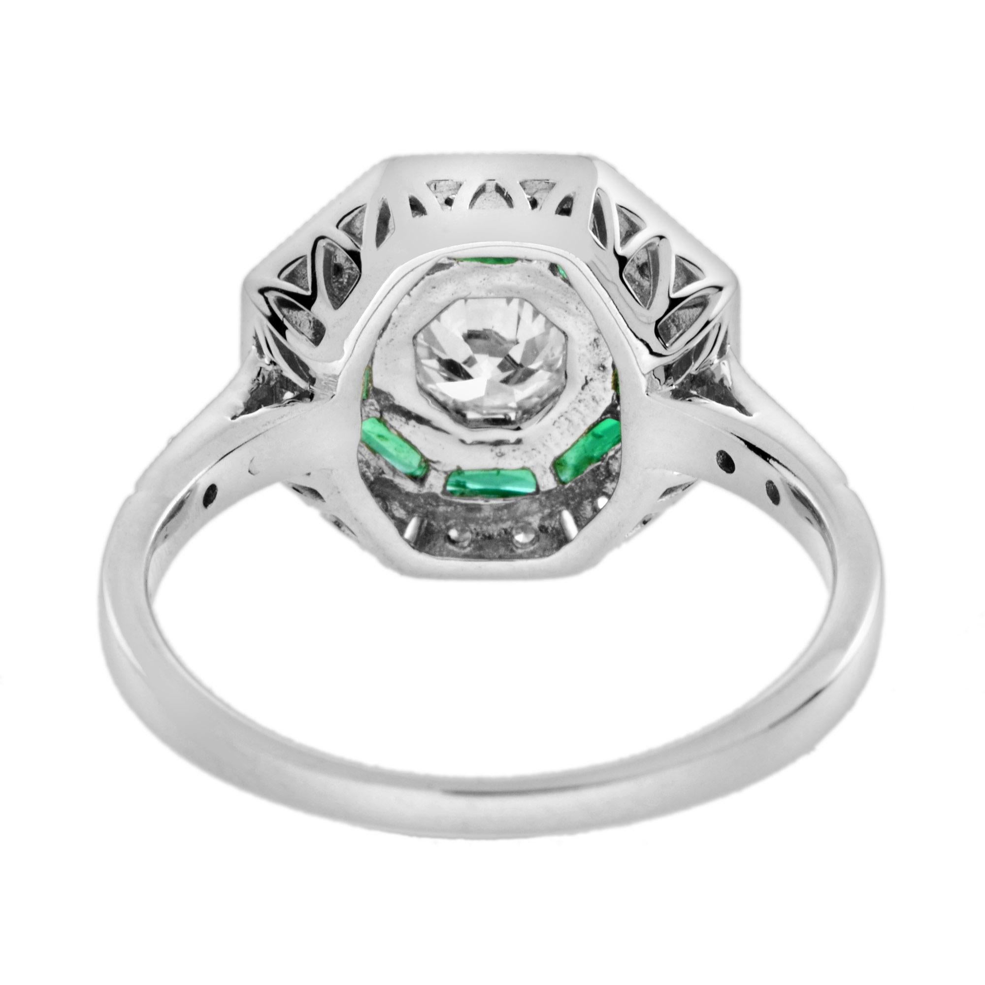 Round Cut Diamond and Emerald Octagonal Shape Ring in 18k White Gold