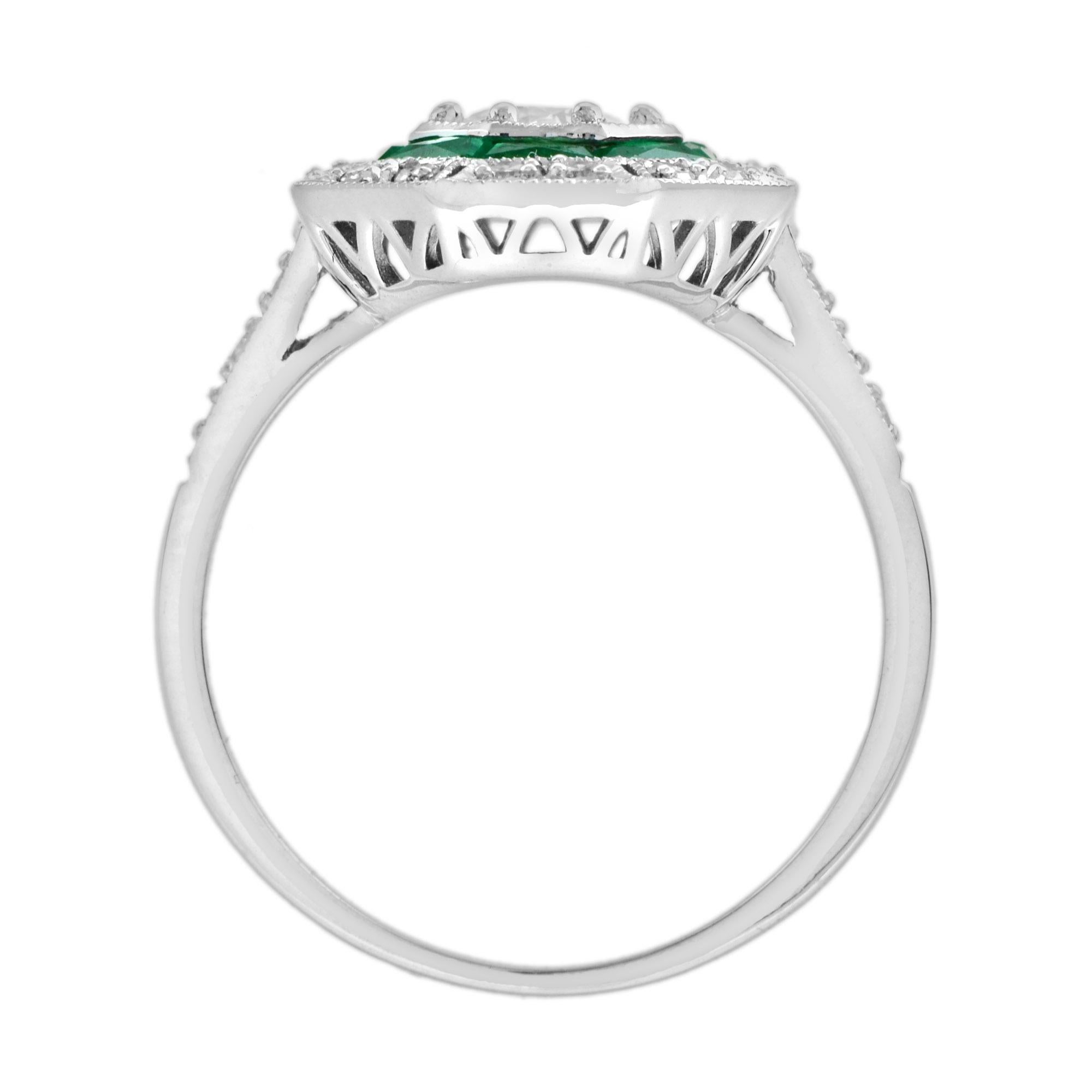 Diamond and Emerald Octagonal Shape Ring in 18k White Gold In New Condition In Bangkok, TH