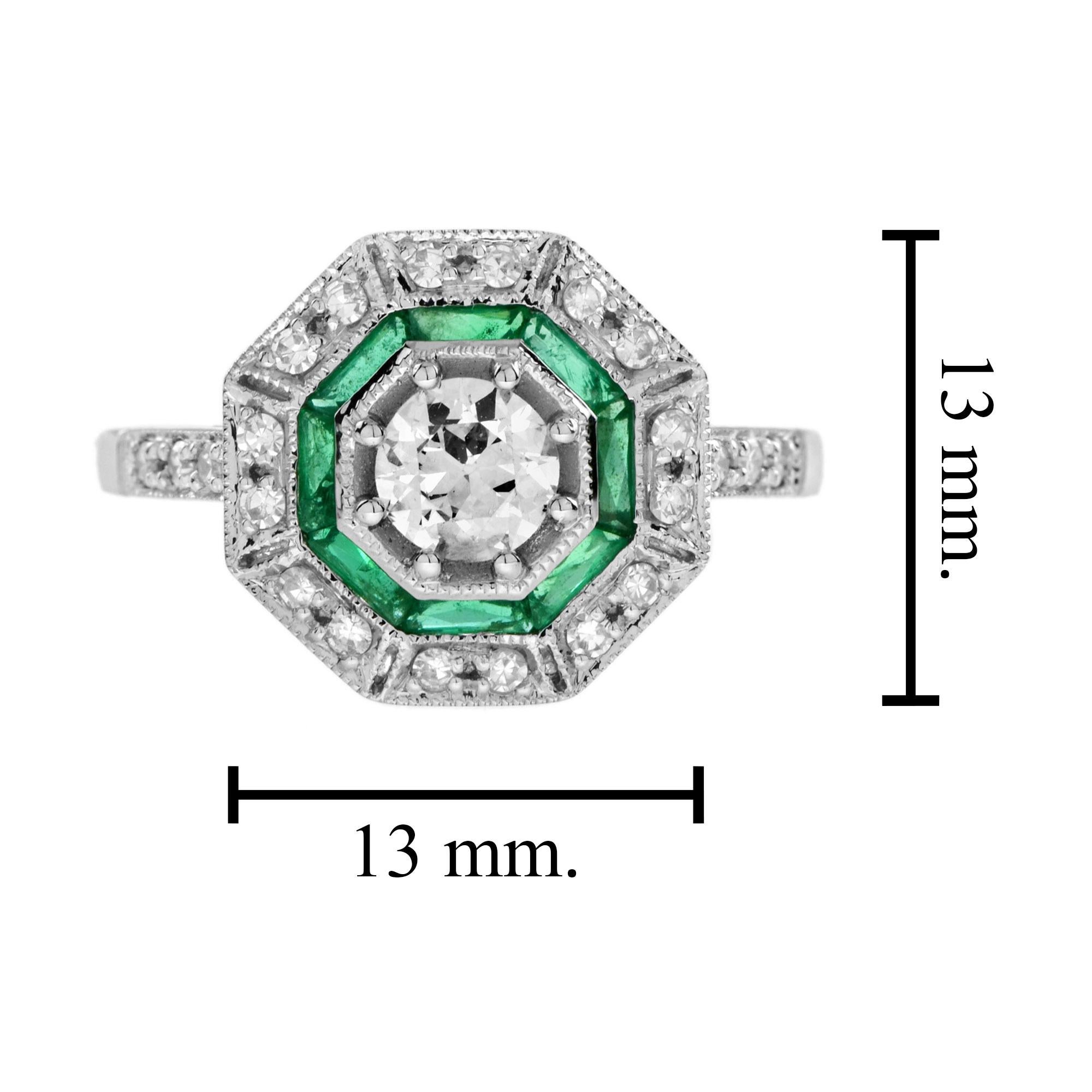 Women's Diamond and Emerald Octagonal Shape Ring in 18k White Gold