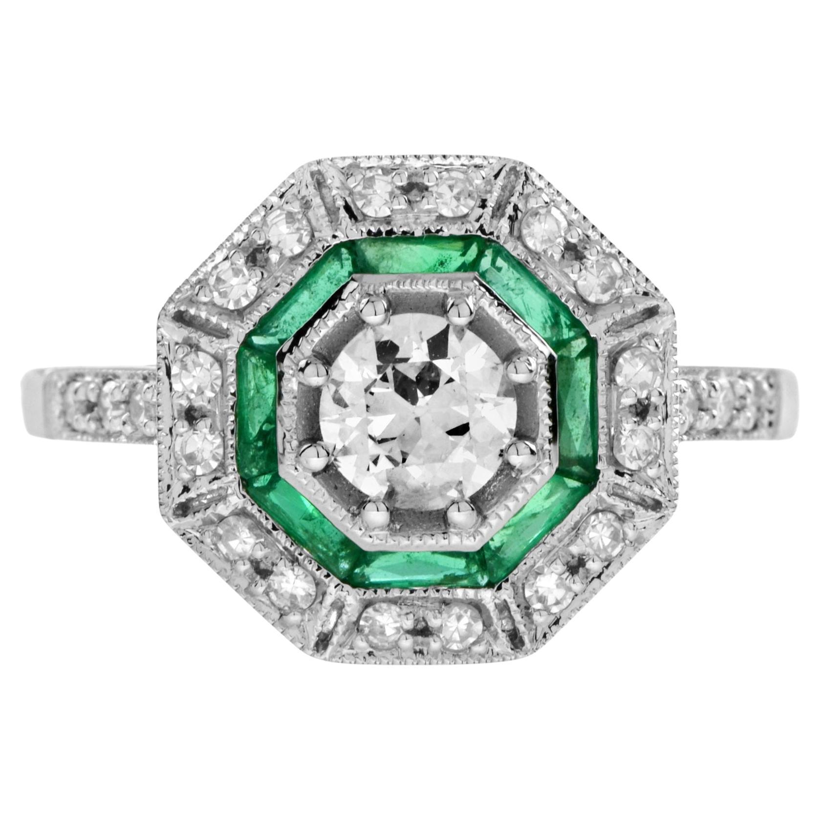 Diamond and Emerald Octagonal Shape Ring in 18k White Gold