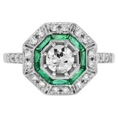 Diamond and Emerald Octagonal Shape Ring in 18k White Gold