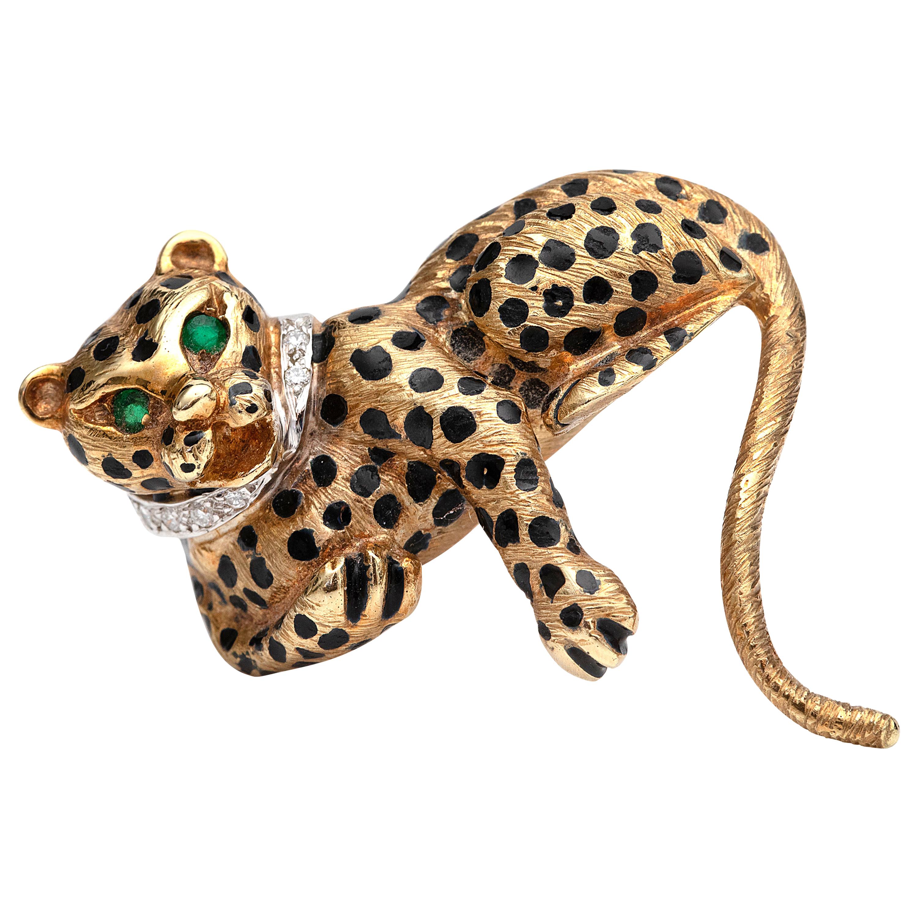 Diamond and Emerald Panther Brooch