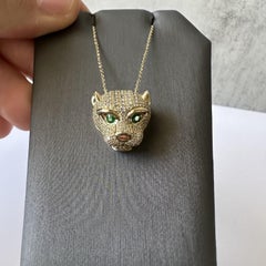 Diamond And Emerald Panther Head Necklace in 14kt Yellow Gold – 1.10ctw Diamonds