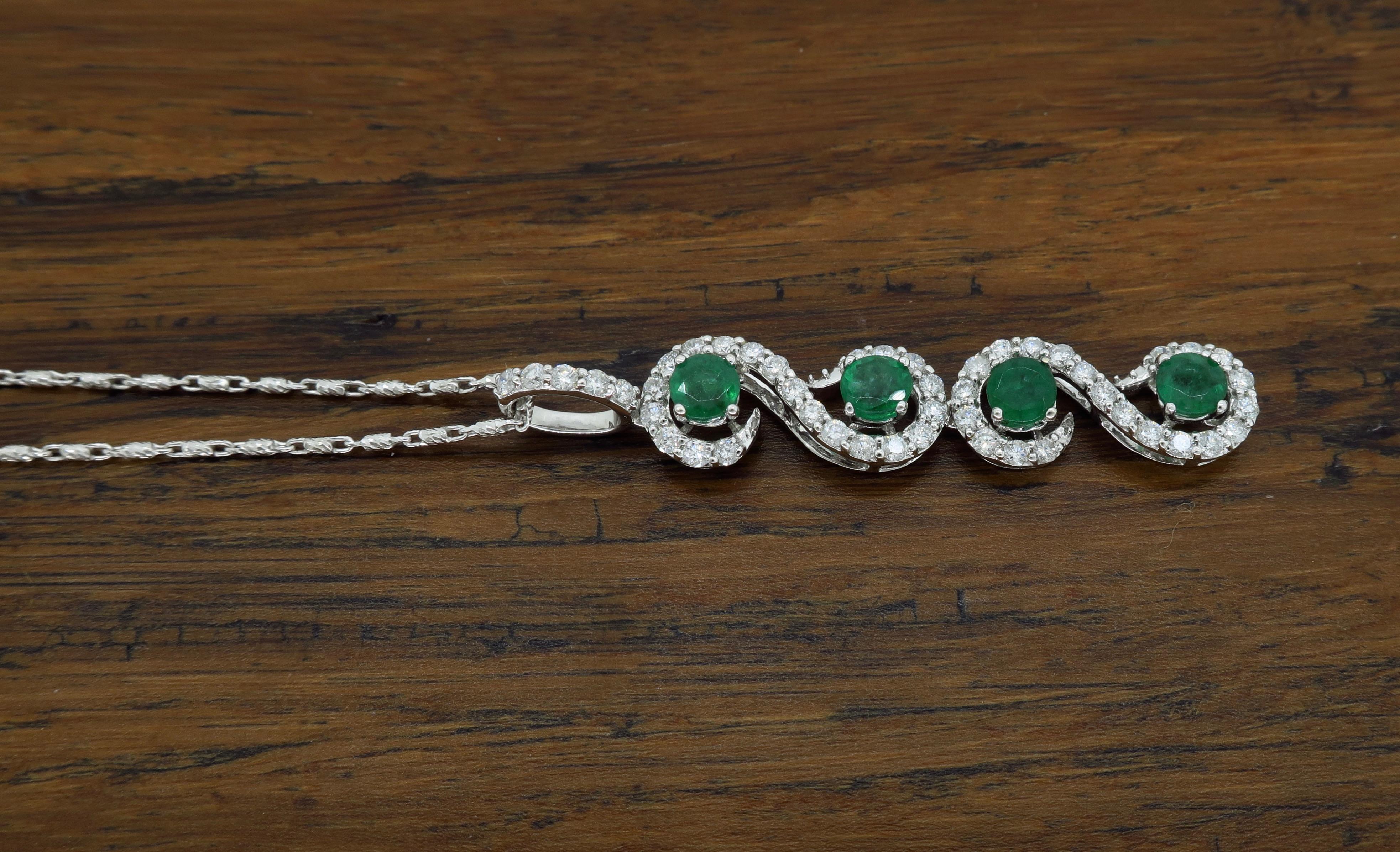 Round Cut Diamond and Emerald Pendant Necklace