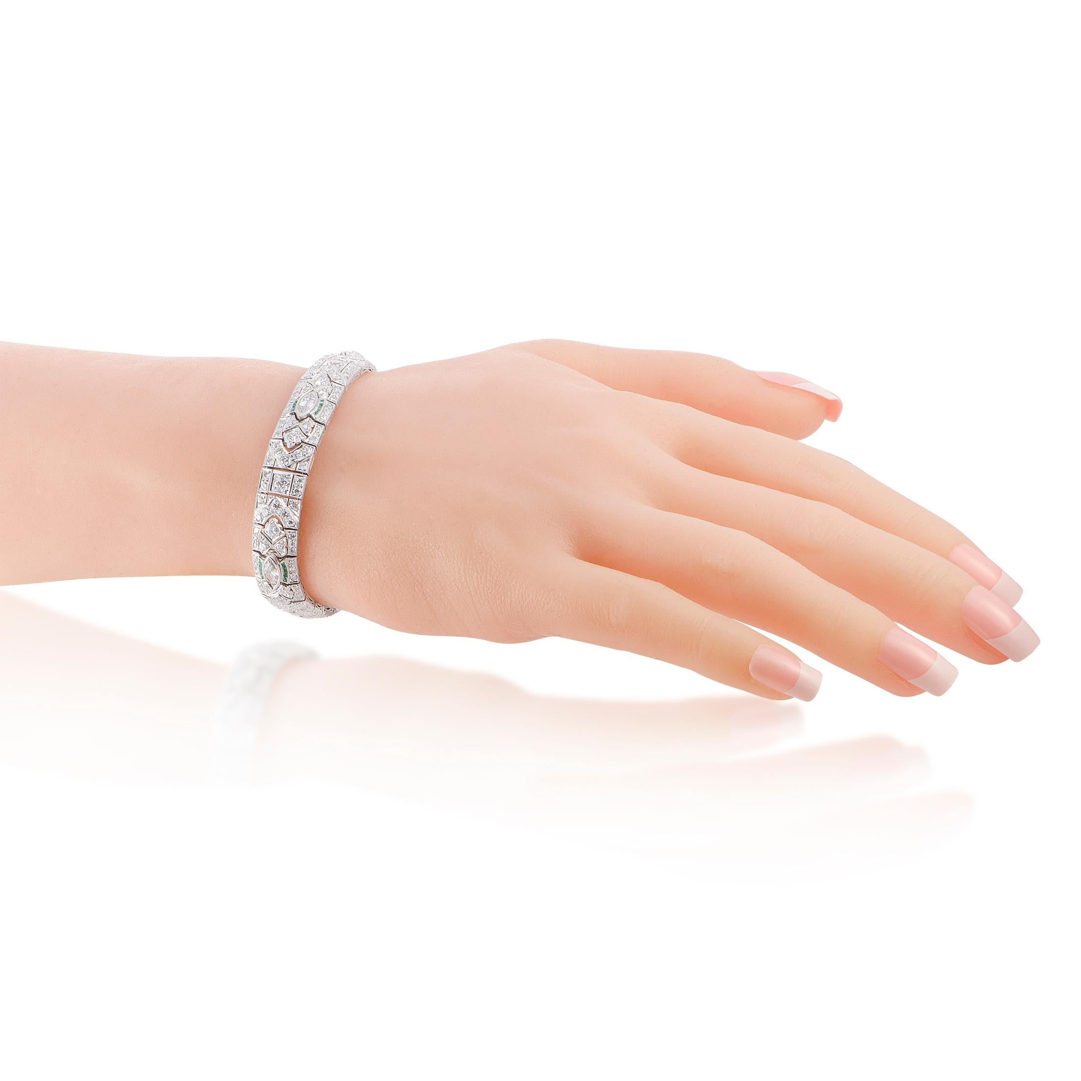 This LB Exclusive bracelet is crafted from platinum and set with diamonds and emeralds. The emeralds amount to 1.50 carats and the diamonds total approximately 8.25 carats. The bracelet weighs 38.1 grams and measures 7.50” in length.

Offered in