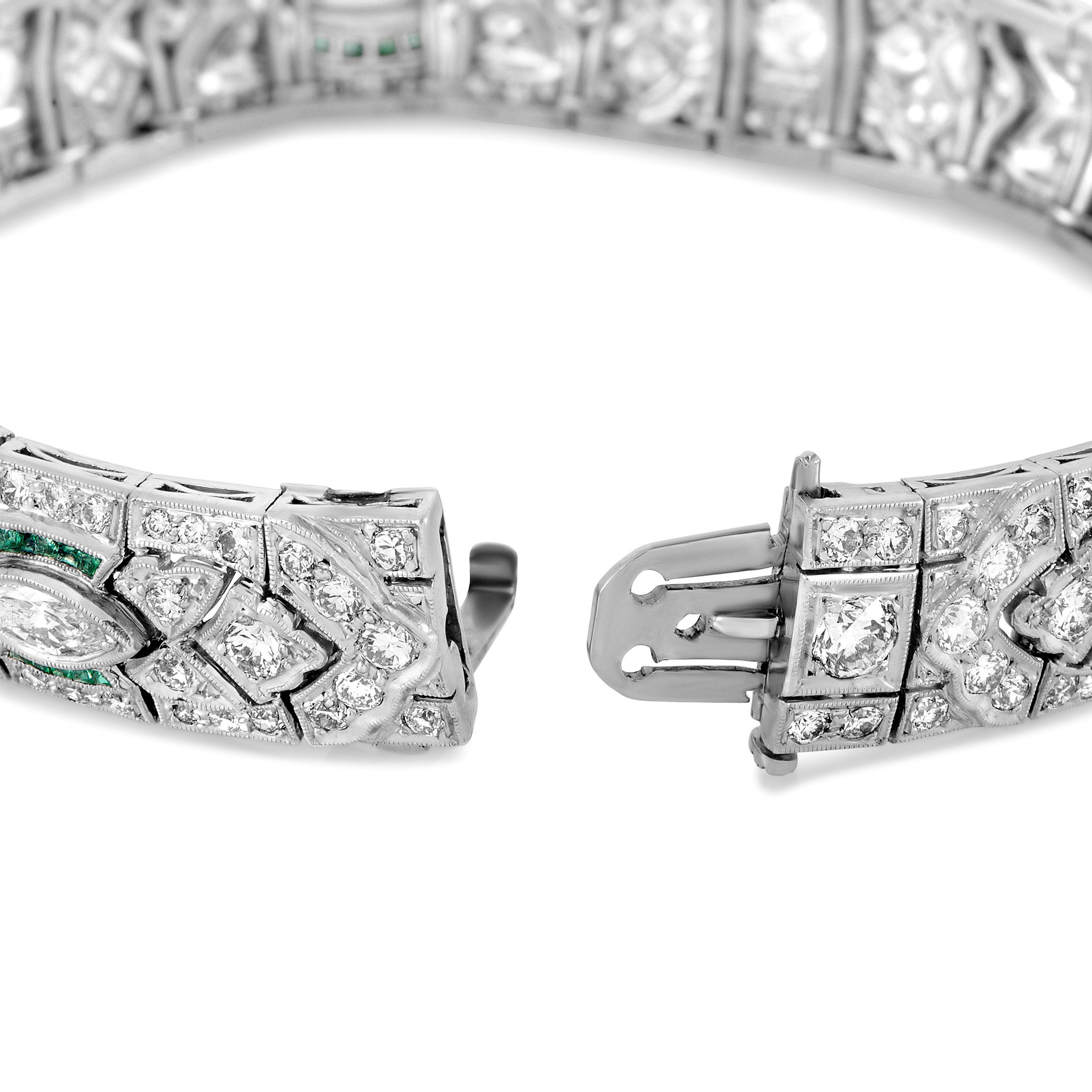 Women's Diamond and Emerald Platinum Art Deco Bracelet