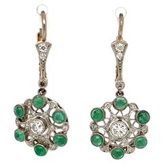 Diamond and Emerald Platinum Art Deco Revival Drop Earrings Estate Fine Jewelry