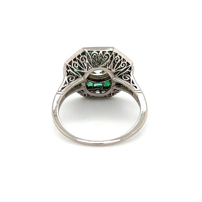 Women's Diamond and Emerald Platinum Art Deco Revival Ring Estate Fine Jewelry For Sale