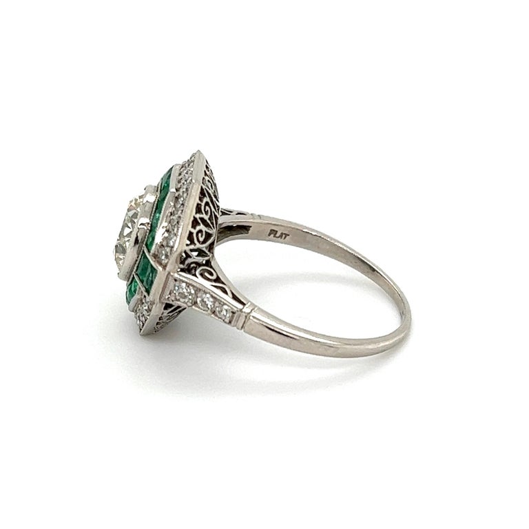 Diamond and Emerald Platinum Art Deco Revival Ring Estate Fine Jewelry For Sale 1