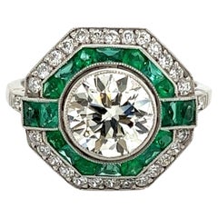 Diamond and Emerald Platinum Art Deco Revival Ring Estate Fine Jewelry