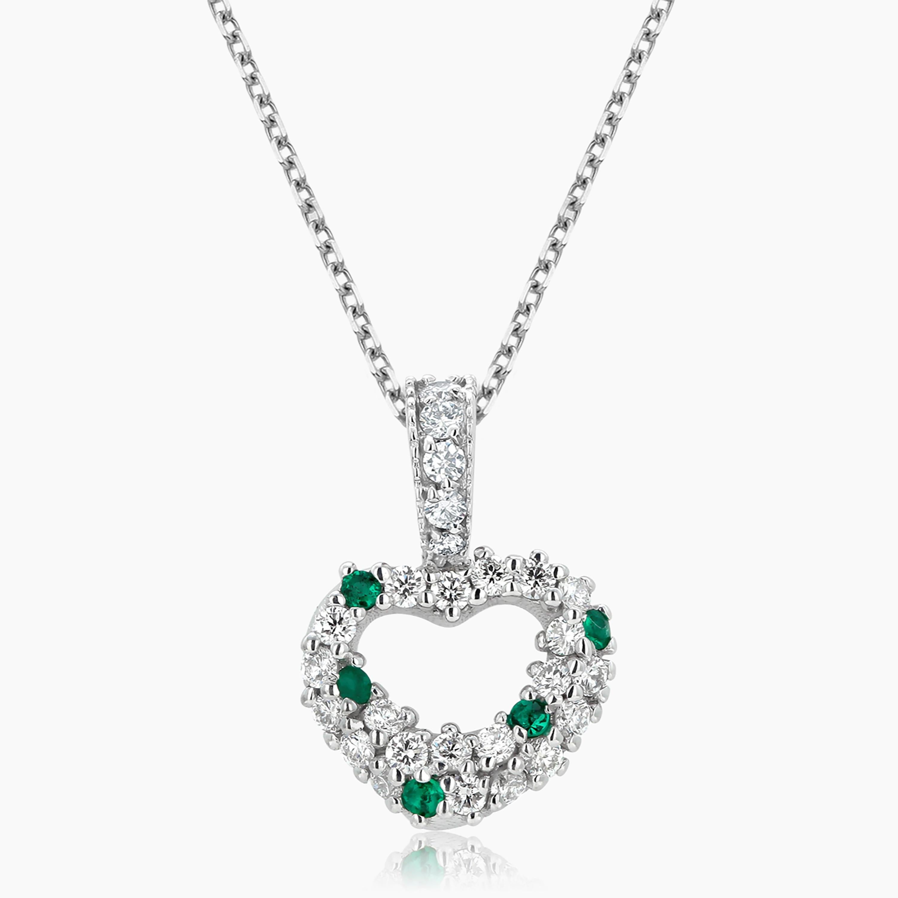 Contemporary Diamond and Emerald 1.20 Carat Open Heart 16.75 Inch White Gold Necklace Pendant