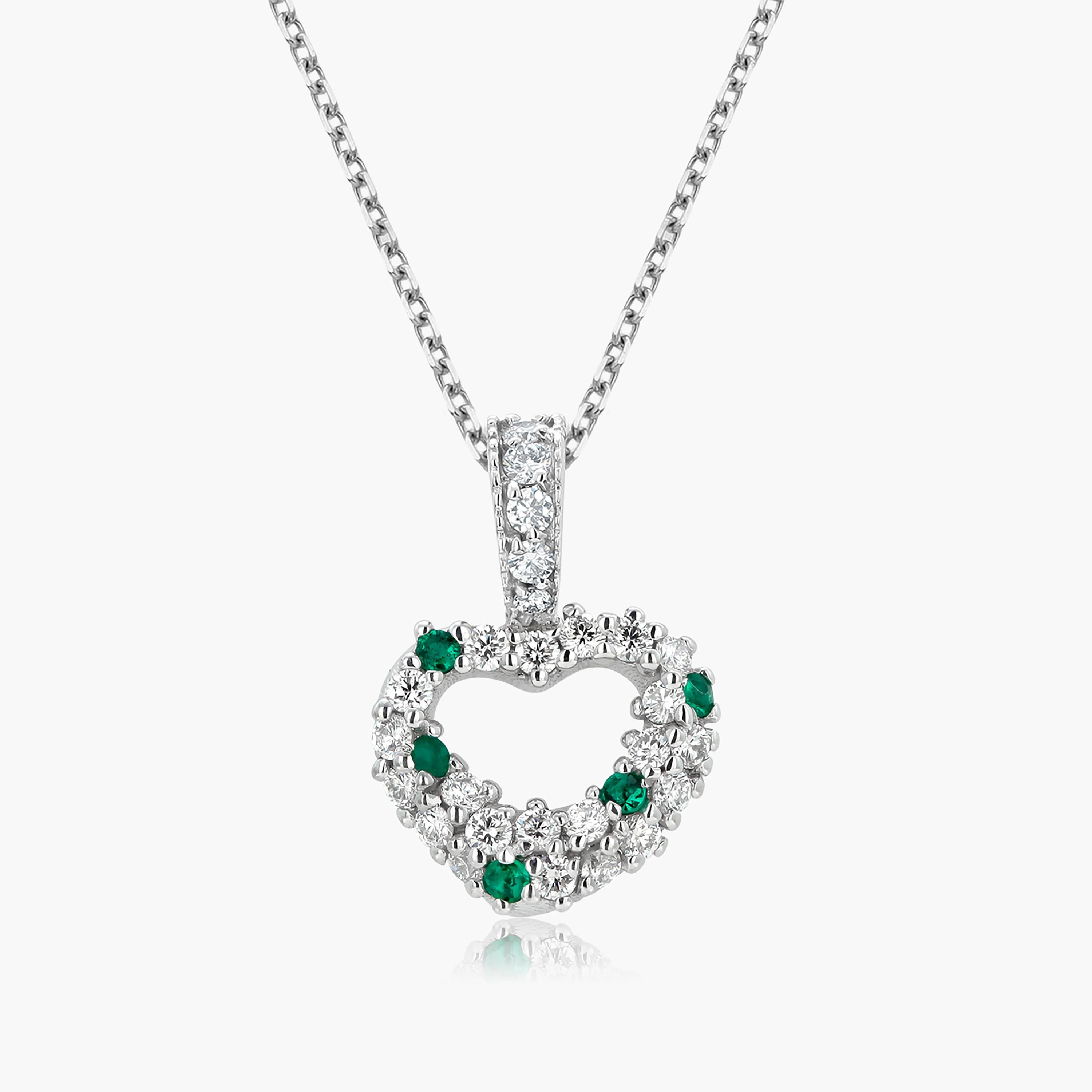 Diamond and Emerald 1.20 Carat Open Heart 16.75 Inch White Gold Necklace Pendant In New Condition In New York, NY
