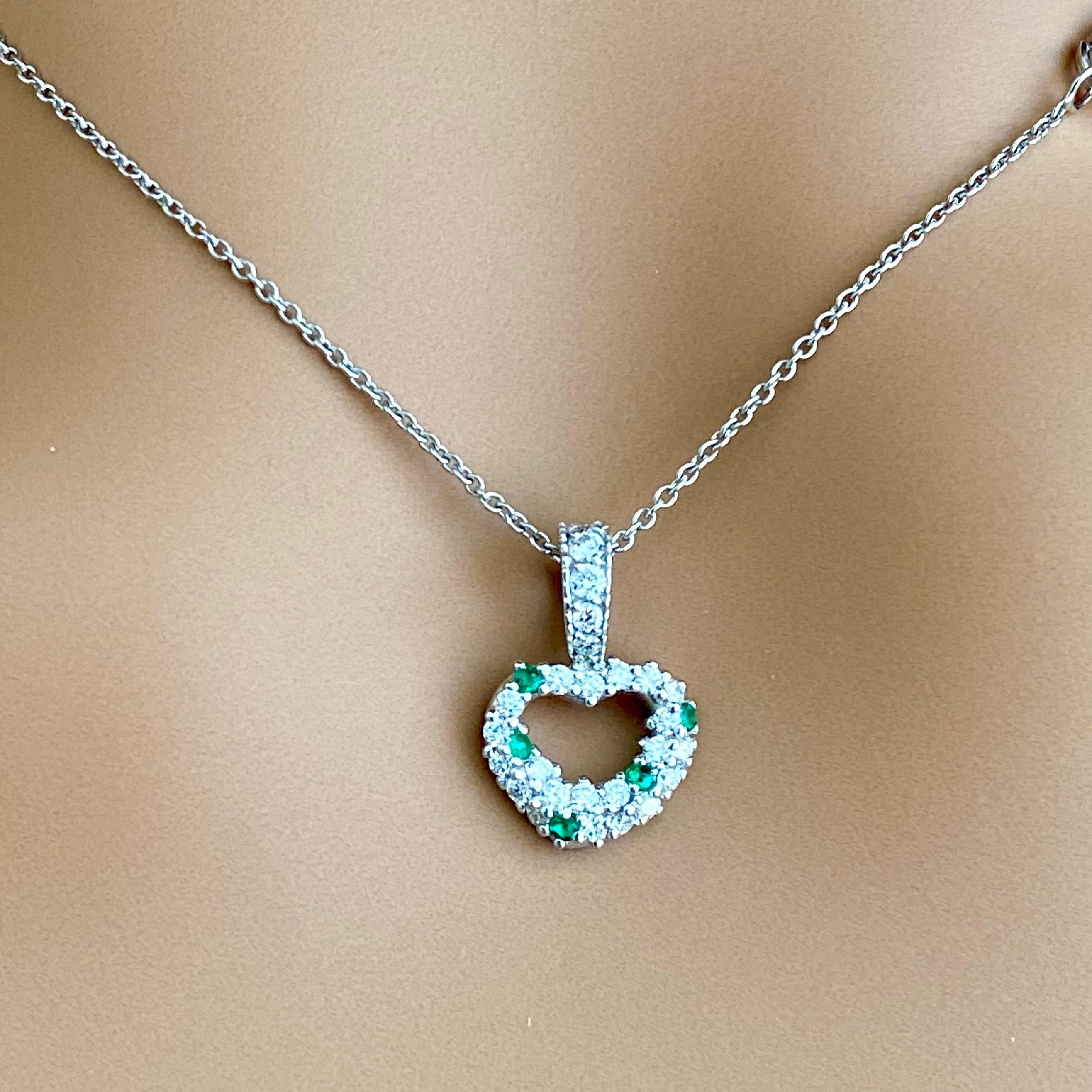 Round Cut Diamond and Emerald 1.20 Carat Open Heart 16.75 Inch White Gold Necklace Pendant