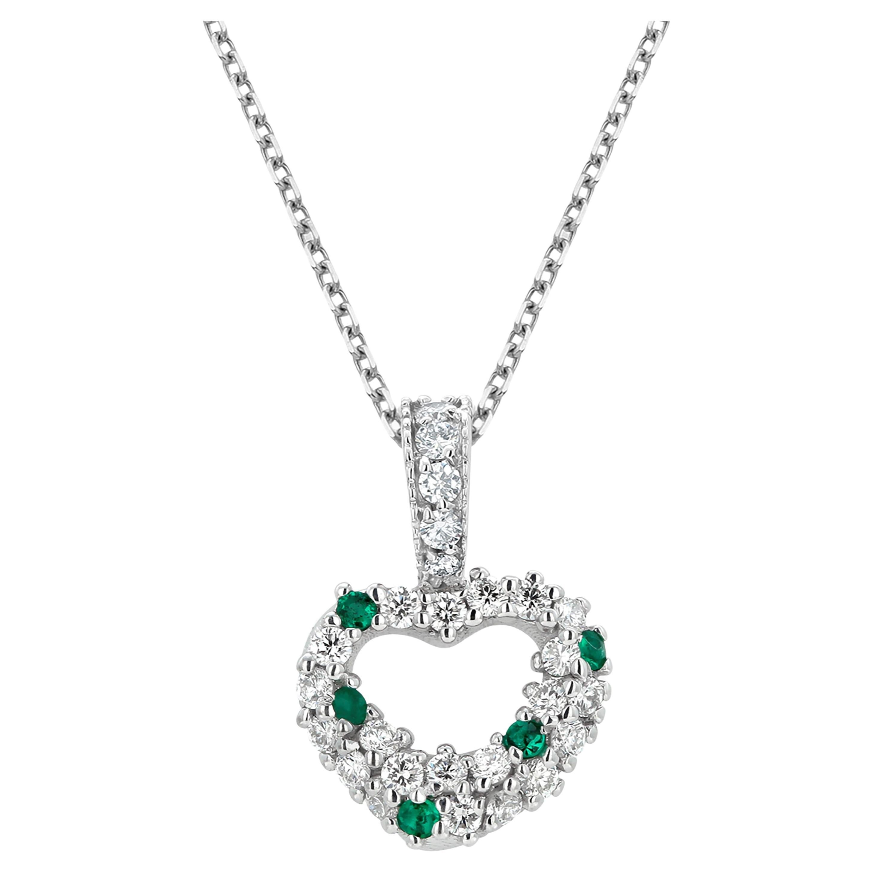 Diamond and Emerald 1.20 Carat Open Heart 16.75 Inch White Gold Necklace Pendant