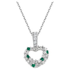 Diamond and Emerald 1.20 Carat Open Heart 16.75 Inch White Gold Necklace Pendant