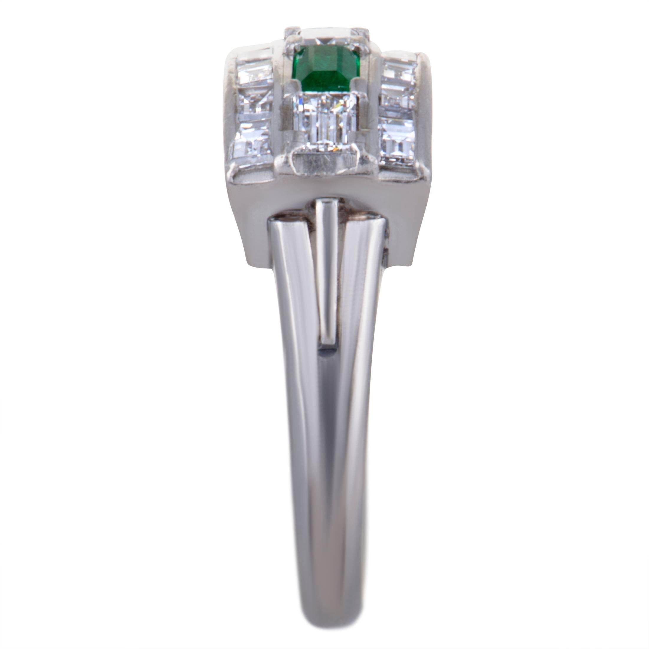 Diamond and Emerald Rectangular Platinum Ring In Excellent Condition In Southampton, PA