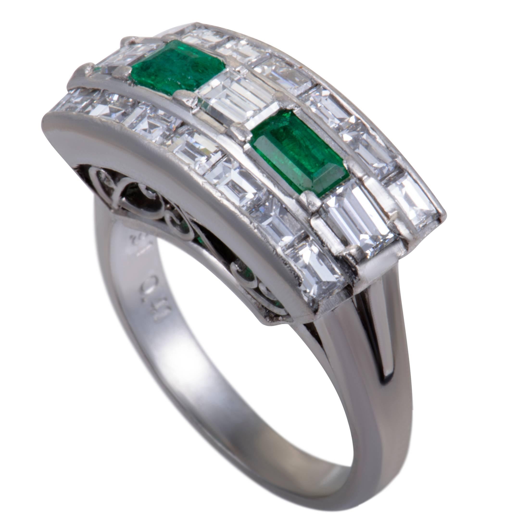 Diamond and Emerald Rectangular Platinum Ring