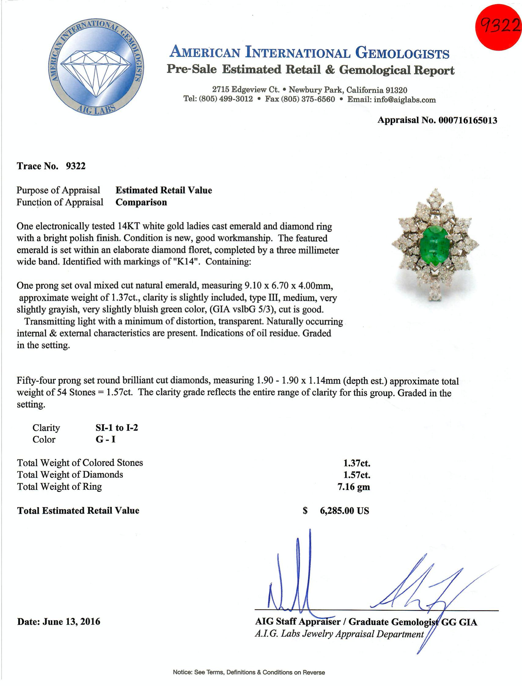 Item #9322

AIG (American International Gemologists) Certifie
14K Ladies Ring 1.57 carat Diamond and 1.37 carat Emerald

One electronically tested fourteen karat (14KT) white gold ladies cast emerald and diamond ring with a bright polish finish.