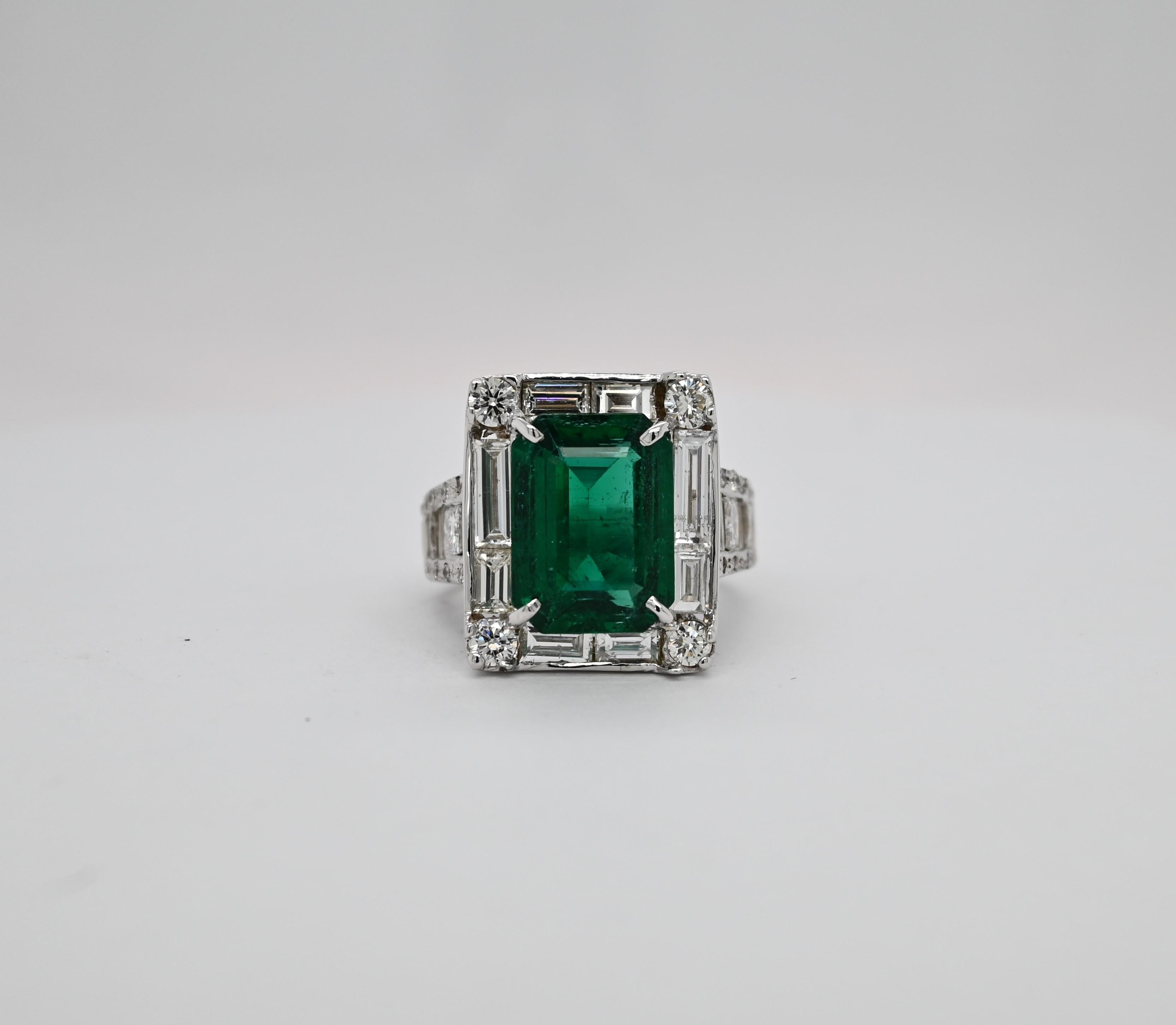 Emerald Cut Diamond and Emerald Ring For Sale