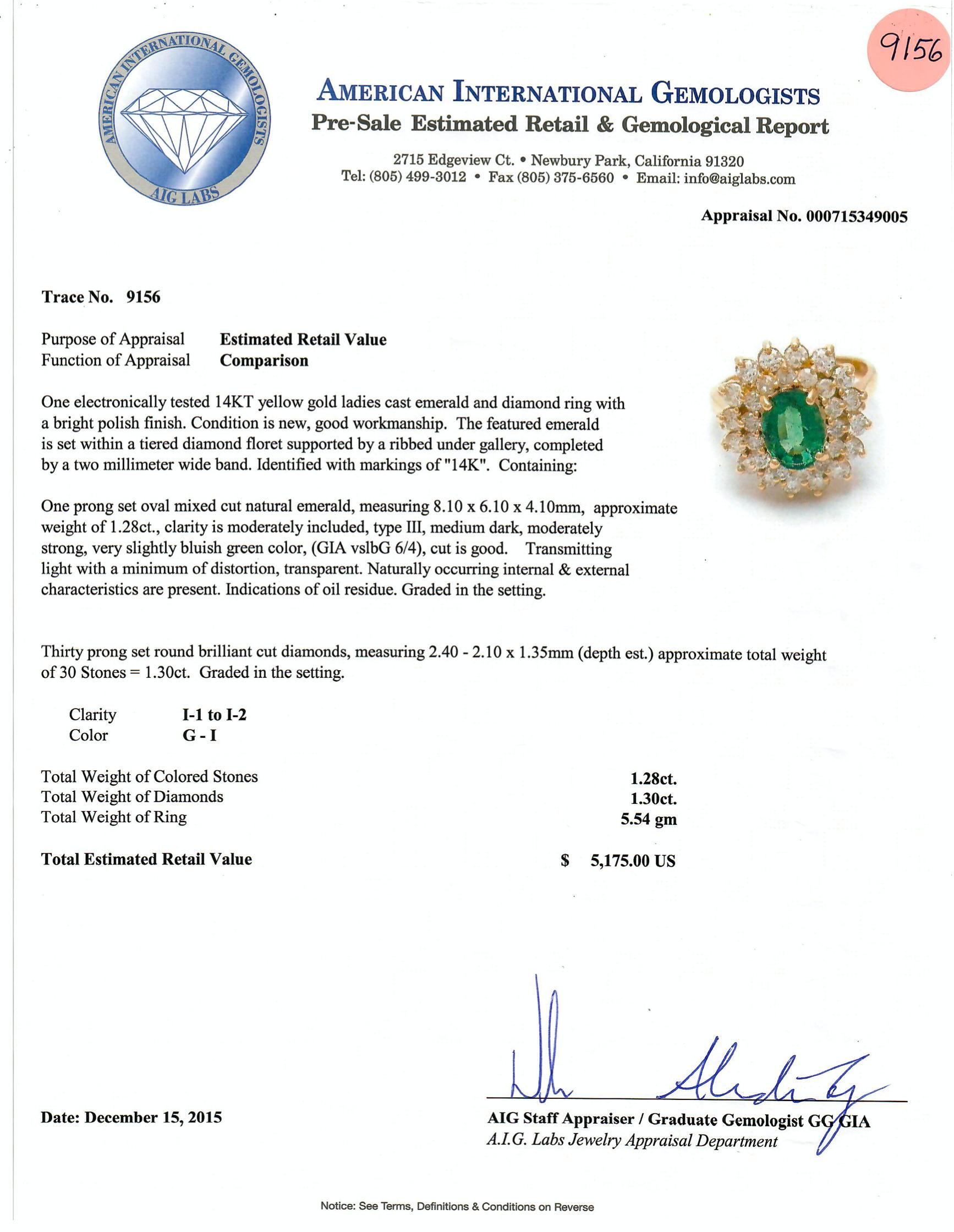 Item #9156

AIG (American International Gemologists) Certified
14K Ladies Ring 1.30ct Diamond 1.28 carat Emerald

One electronically tested fourteen karat (14KT) yellow gold ladies cast emerald and diamond ring with a bright polish finish. Condition