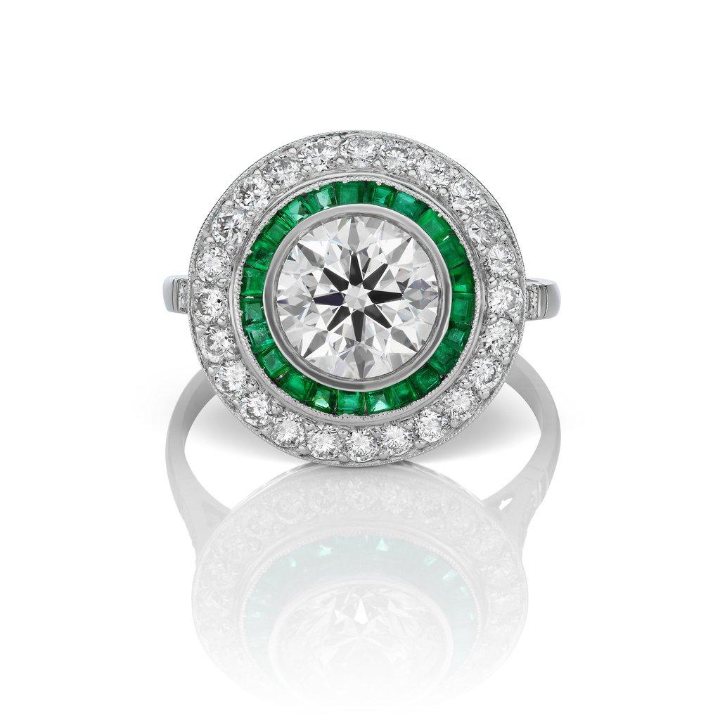 Contemporary 2 tcw Round Diamond and Emerald Double Halo Engagement Ring in Platinum For Sale