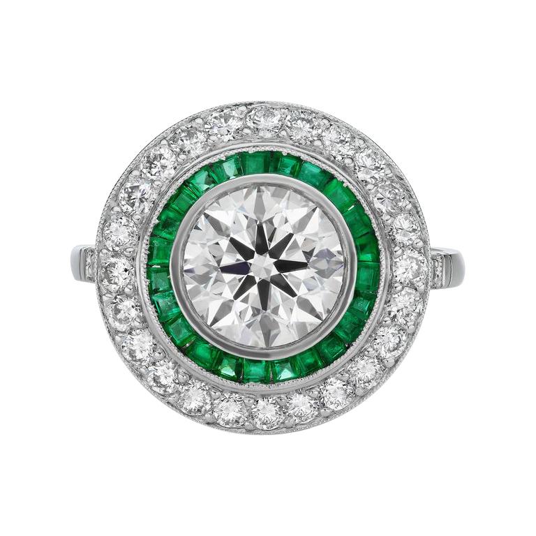 2 tcw Round Diamond and Emerald Double Halo Engagement Ring in Platinum For Sale