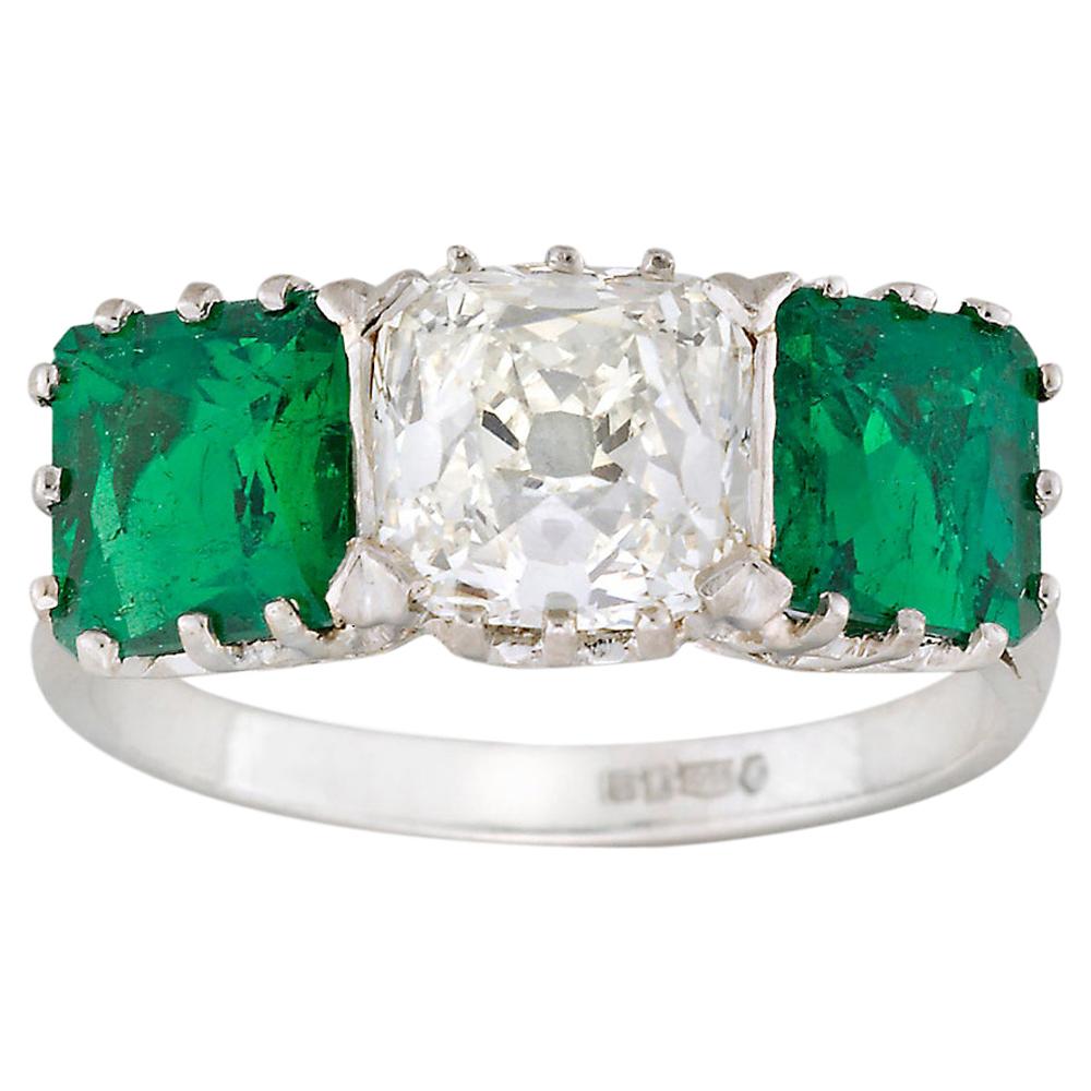 Diamond and Emerald Ring Three-Stone Ring For Sale