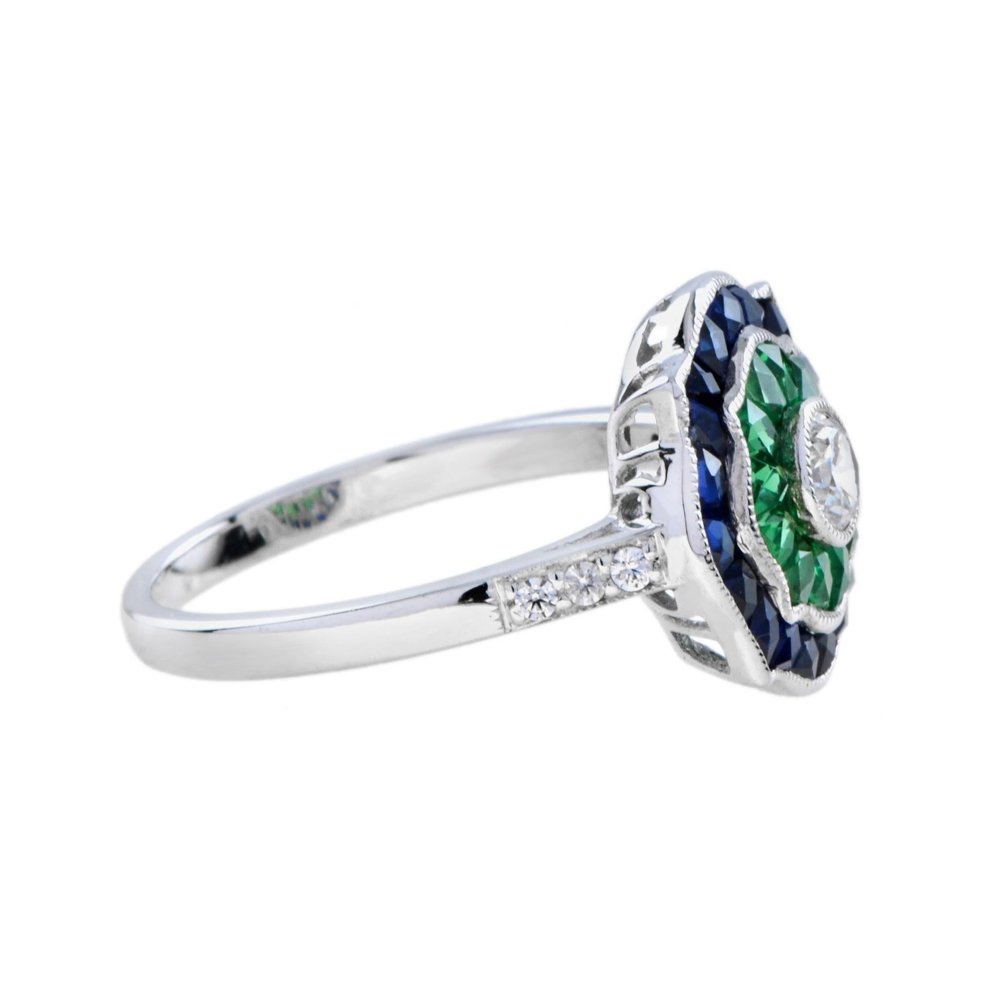 Round Cut Diamond and Emerald Sapphire Art Deco Style Engagement Ring in 18k White Gold For Sale